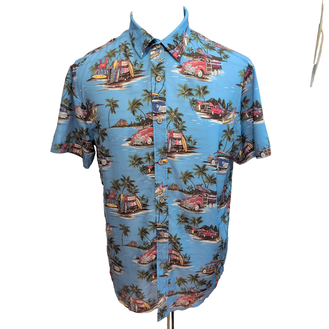Chemise Hawaïenne M Bleu Surf Voitures Palmiers Polyester manches courtes