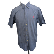 Chemise Ralph Lauren L Bleue Rayures Gaufrées Coton Manches Courtes Logo Rose