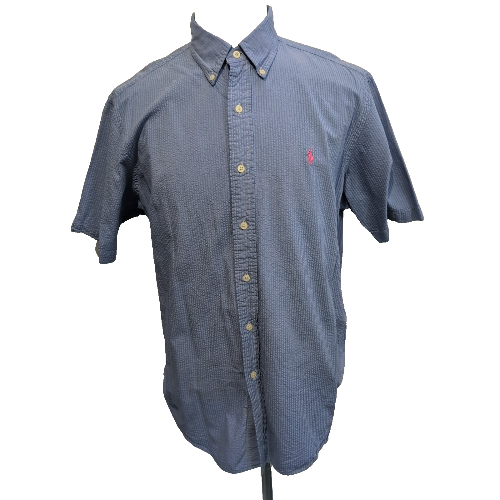Chemise Ralph Lauren L Bleue Rayures Gaufrées Coton Manches Courtes Logo Rose