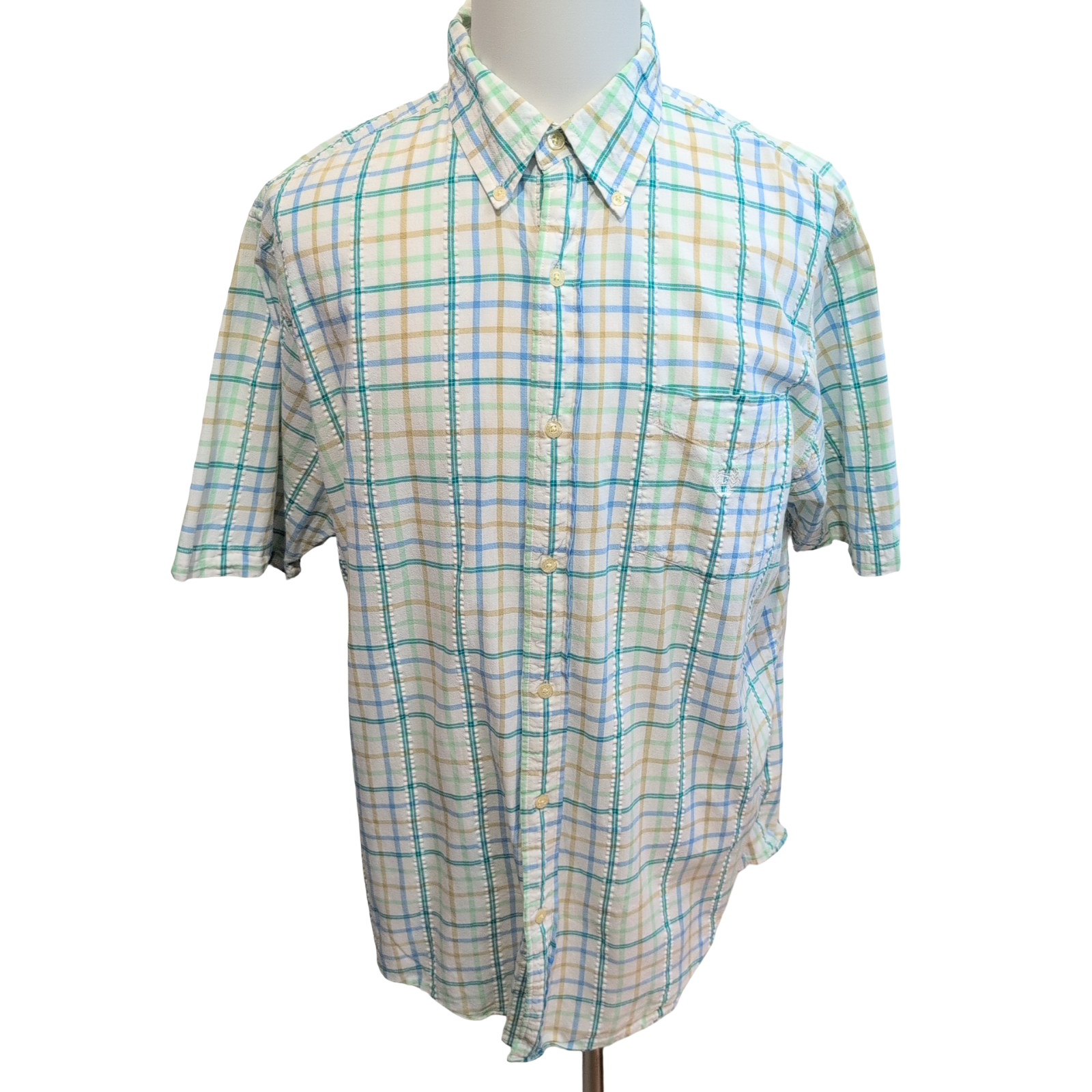 Chemise Manches Courtes Chaps 100% Coton Carreaux Gauffrés Vert Taille XL Poche