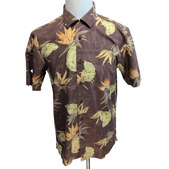 Chemise Hawaïenne Retreat S Coton Marron Feuillage Tropical manches courtes