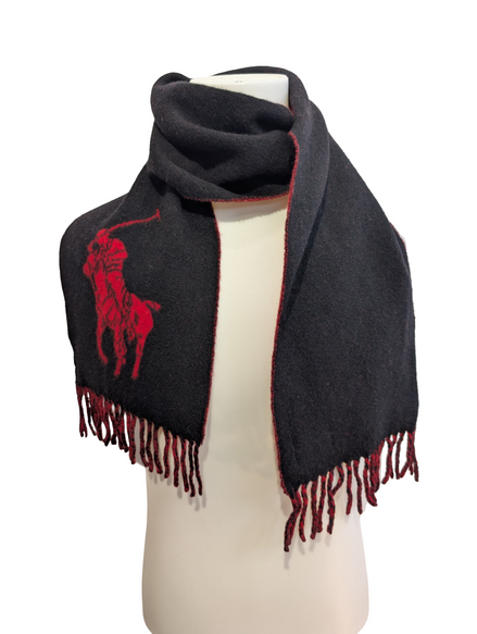 Écharpe Polo Ralph Lauren Réversible Logo Géant Noir Rouge Laine d'Agneau Italy