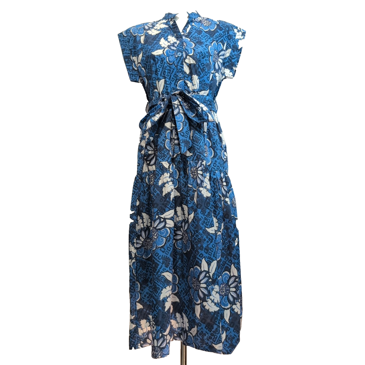 Robe Luk Ap L/XL Bleue Fleurie Coton Manches Courtes Neuve Étiquette