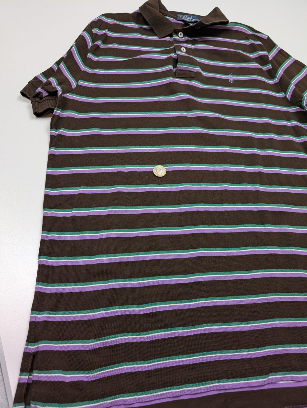 Polo manches courtes Polo Ralph Lauren L marron rayures vert mauve logo bleu