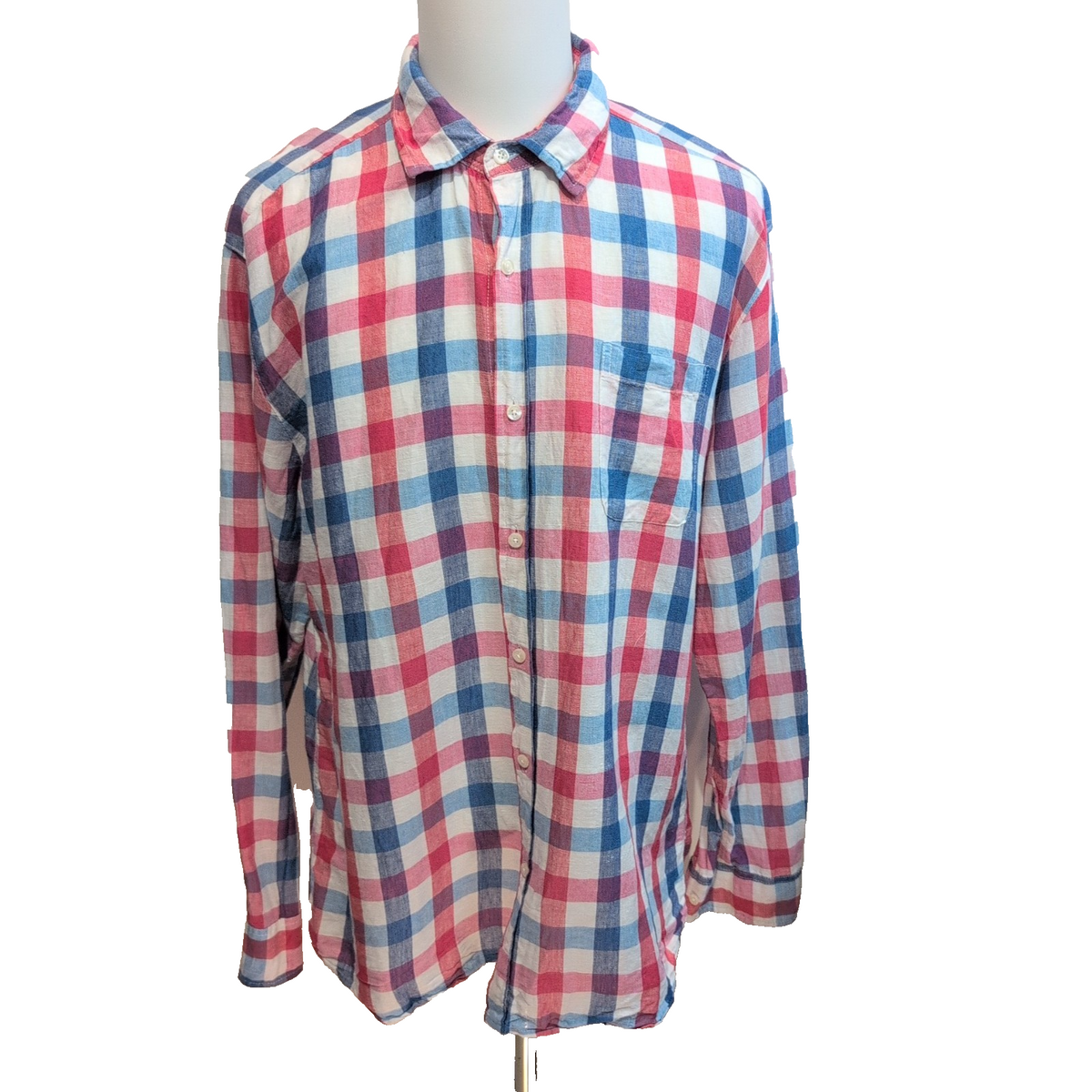 Chemise Bachrach XXL Lin Coton Carreaux Bleu Rouge Blanc Manches Retractables