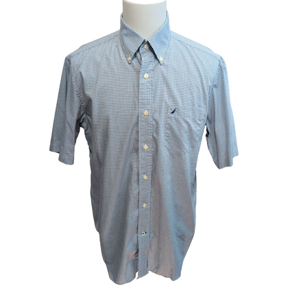 Chemise Nautica L Bleu Carreaux 100% Coton Made in Mauritius Manches courtes
