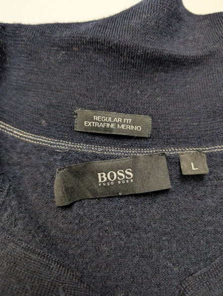 Pull Hugo Boss Femme Taille L Bleu Marine 100% Laine Mérinos Col Boutonné