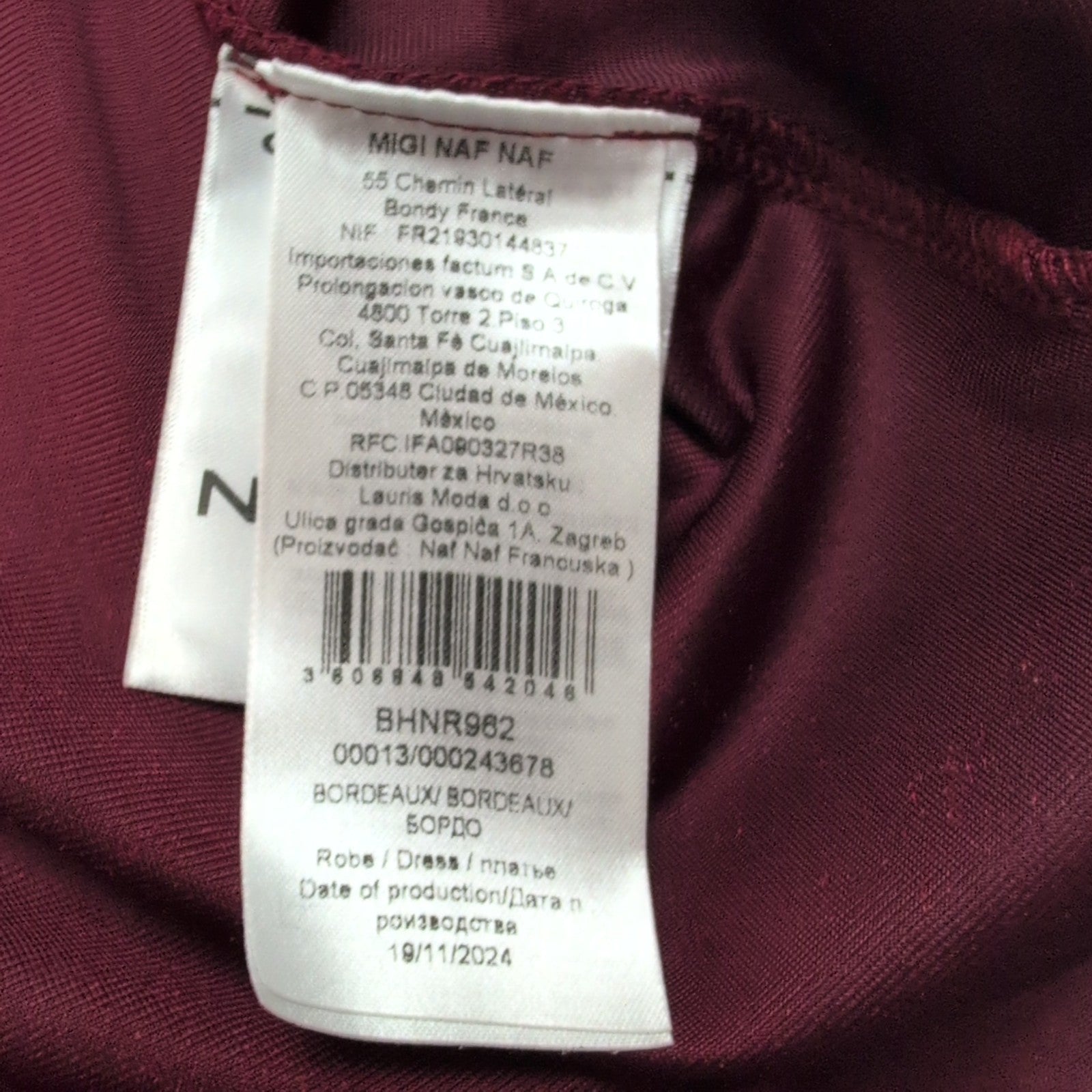 Robe Naf Naf T40 Velours Bordeaux Satiné Manches Courtes Neuve Étiquette