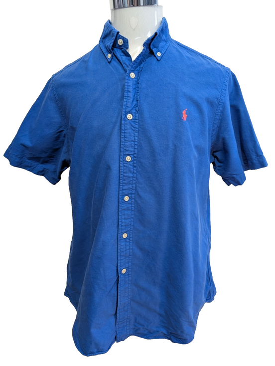 Ralph Lauren Chemise L Bleu Uni Logo Rose Fluo Manches courtes