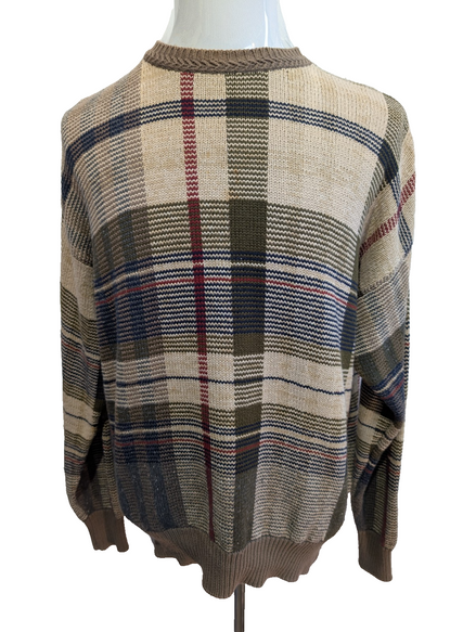 Pull Vintage Nautica S carreaux beige kaki coton ramie lin col rond