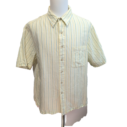 Chemise Roundtree & Yorke XL Lin Coton Rayures Jaune Bleu Manches courtes