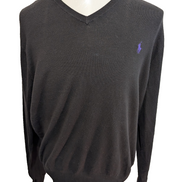 Pull Fin Polo Ralph Lauren Noir Col V Taille L 100% Pima Coton Logo Violet