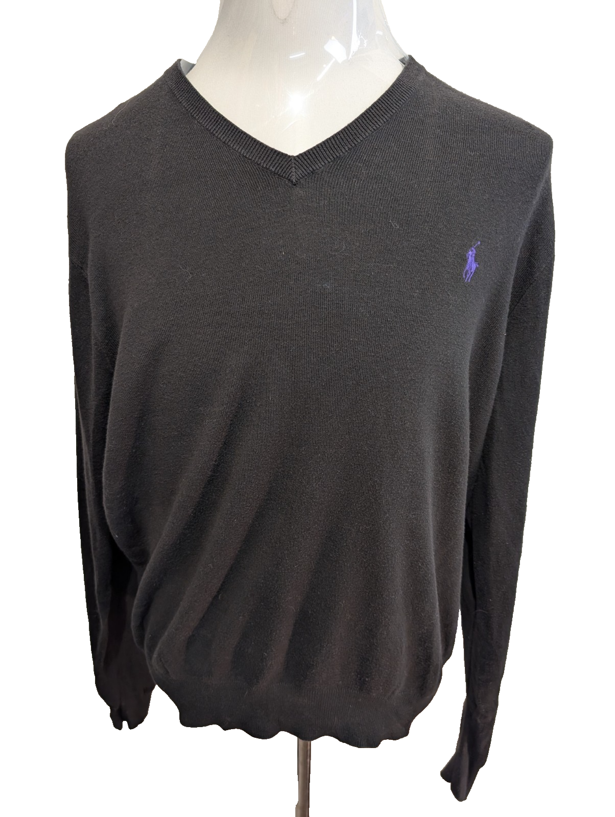 Pull Fin Polo Ralph Lauren Noir Col V Taille L 100% Pima Coton Logo Violet