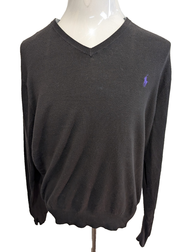 Pull Fin Polo Ralph Lauren Noir Col V Taille L 100% Pima Coton Logo Violet