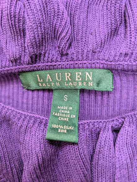 Pull LAUREN Ralph Lauren S violet 100% soie col à volants maille côtelée