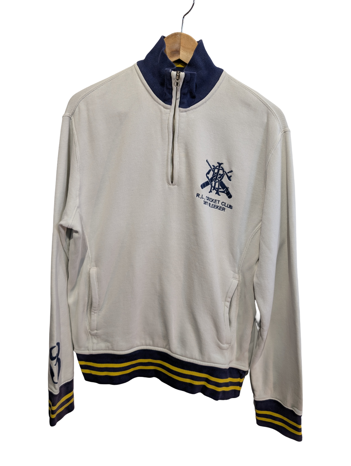 Pull Polo Ralph Lauren M Cricket Club Blanc Bleu Quart Zip 2 Poches