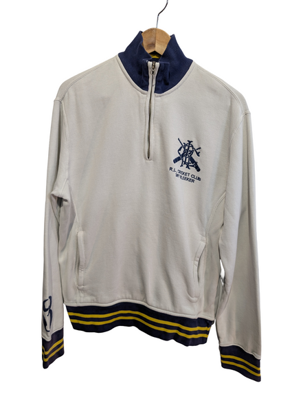 Pull Polo Ralph Lauren M Cricket Club Blanc Bleu Quart Zip 2 Poches
