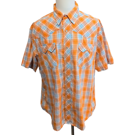 Chemise Wrangler Manches Courtes Orange Carreaux Poches Style Western Taille XXL