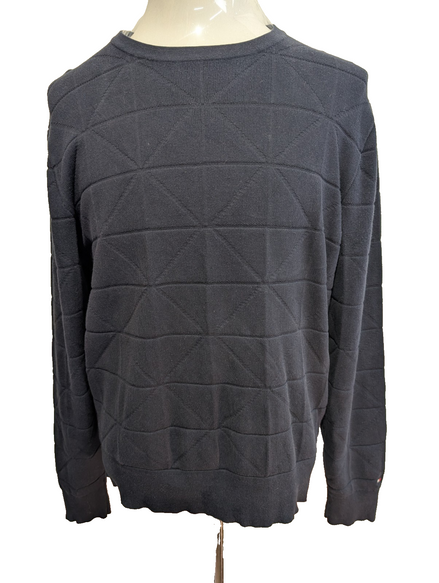 Pull Tommy Hilfiger L bleu marine gaufré géométrique col rond logo brodé