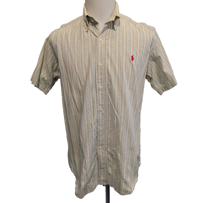 Chemise Ralph Lauren S Jaune Rayures Gaufrées Logo Rouge Manches Courtes