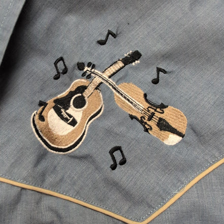 Chemise Western Ely Cattleman 2XL Bleu effet jean Guitare Boutons Pression