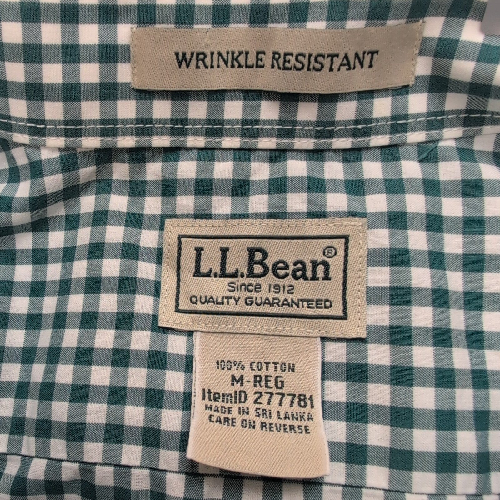 Chemise L.L.Bean M Verte Blanche Carreaux Manches Courtes 100% Coton