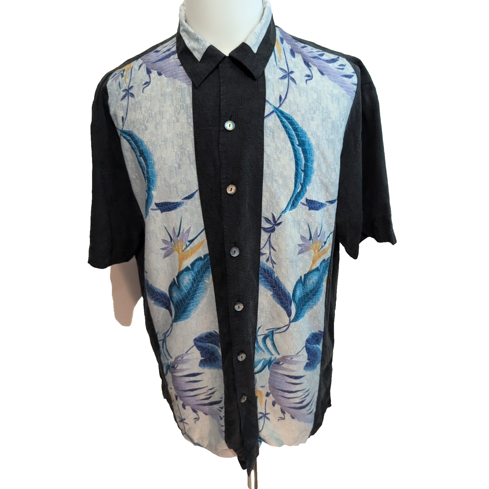 Chemise Hawaïenne TIKI XL 100% Soie Noire Fleurs Tropicales manches courtes