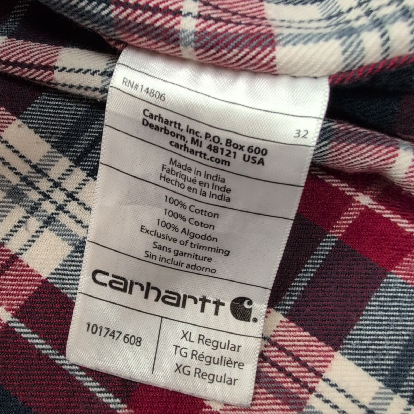 Chemise Carhartt XL Flanelle Rouge Carreaux Relaxed Fit 2 Poches manches longues