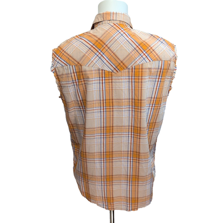 Chemise Wrangler Western M Sans Manches Orange Carreaux Pressions Cowboy