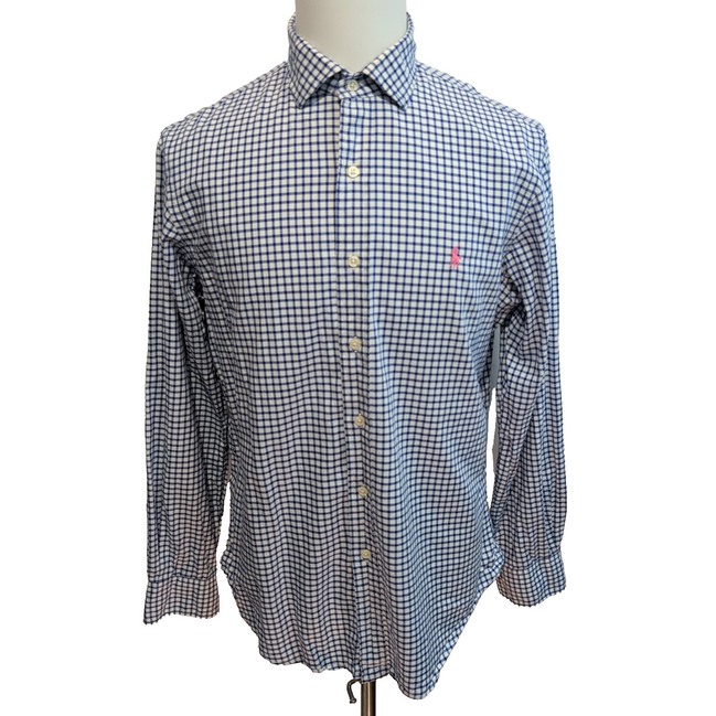 Chemise Polo Ralph Lauren Slim Fit L Carreaux Bleu Blanc Logo Rose