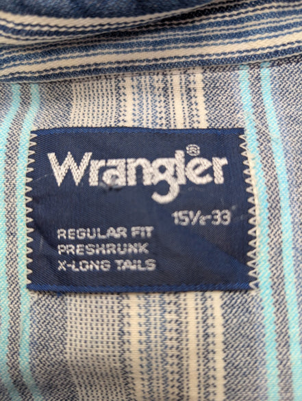 CHEMISE WRANGLER WESTERN M/L Coton Épais Rayures Bleues Poche Stylo