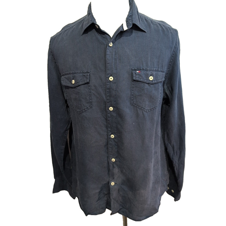 Chemise TOMMY HILFIGER 100% Lin Bleue Marine avec Poches Manches Longues - T.M