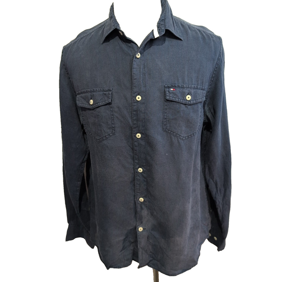 Chemise TOMMY HILFIGER 100% Lin Bleue Marine avec Poches Manches Longues - T.M