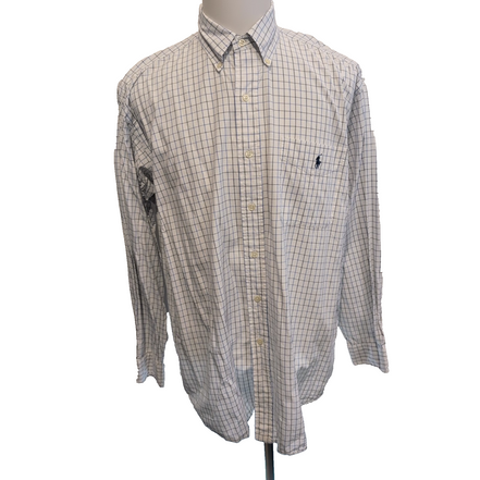 Chemise Ralph Lauren L Blake Blanche Carreaux Bleu Noir 100% Coton