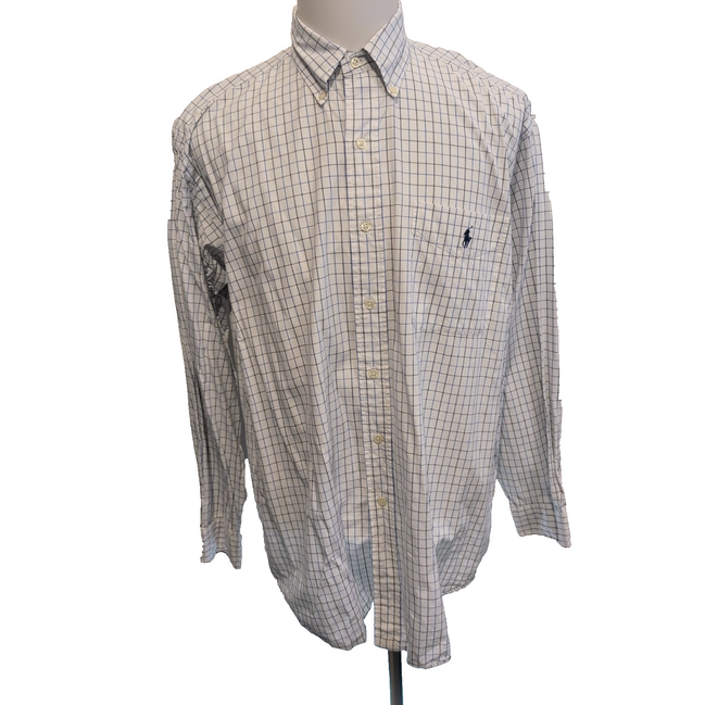 Chemise Ralph Lauren L Blake Blanche Carreaux Bleu Noir 100% Coton