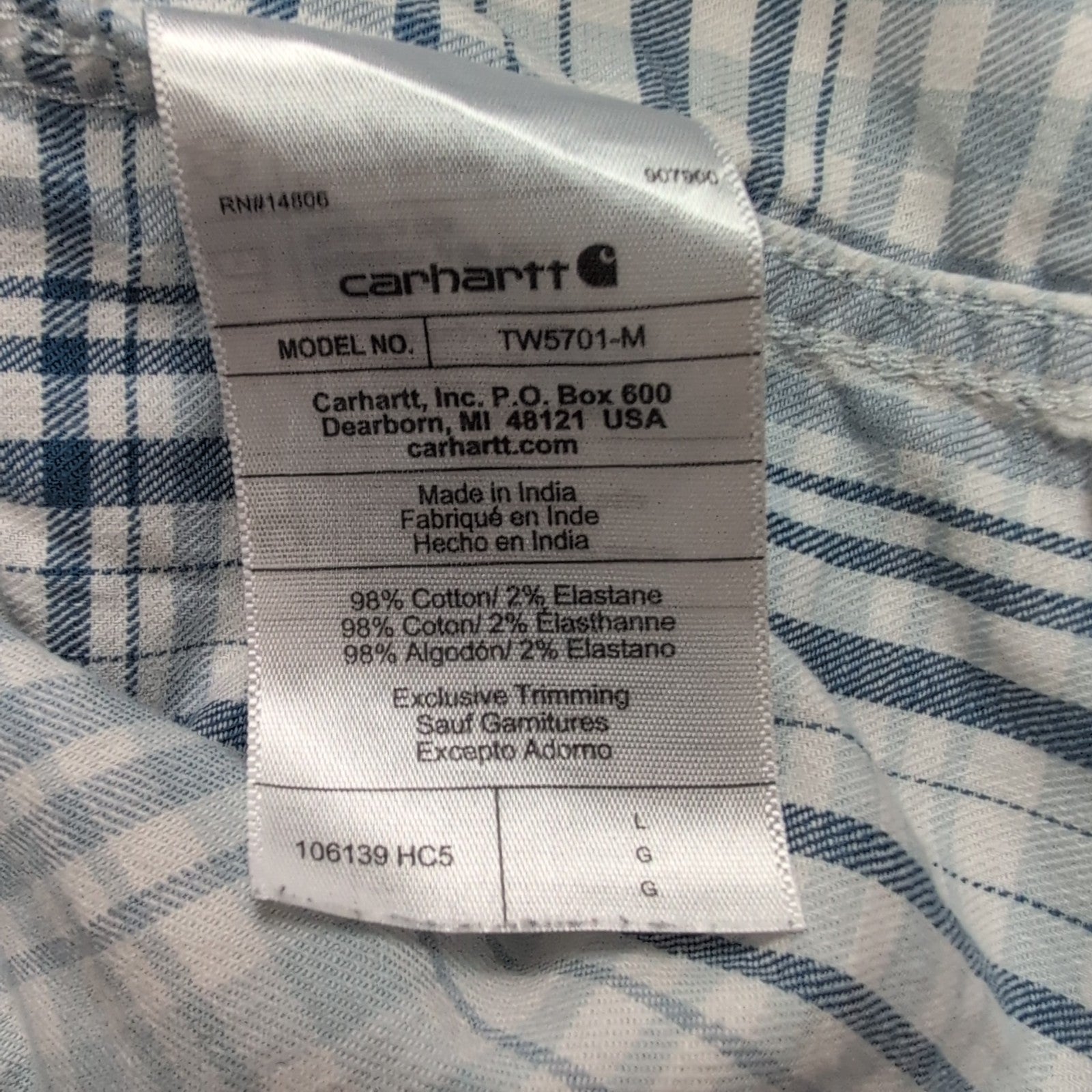 Chemise Carhartt L Relaxed Fit Carreaux Bleu Manches courtes 2 Poches Coton