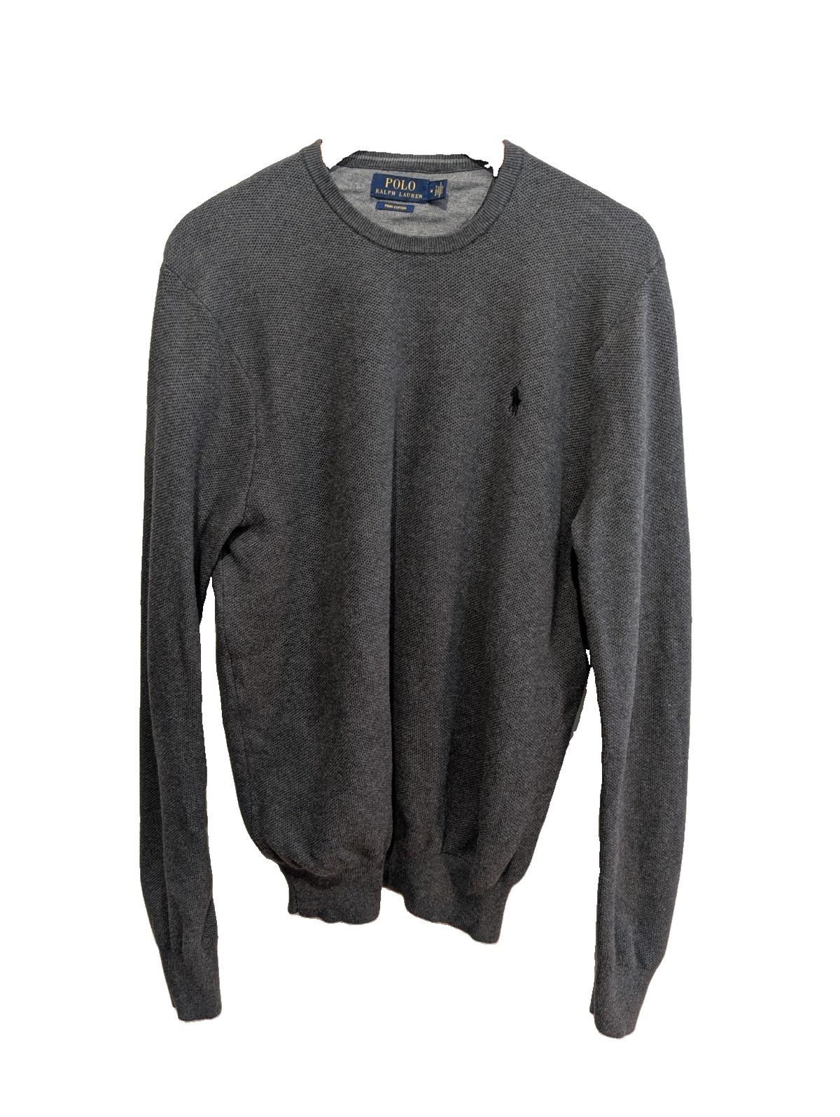 Pull Polo Ralph Lauren gris anthracite coton Pima col rond taille M logo noir