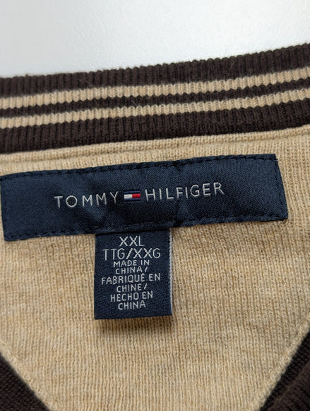 Pull Tommy Hilfiger Col V Marron Logo Brodé - Taille 3XL (XXL TG)