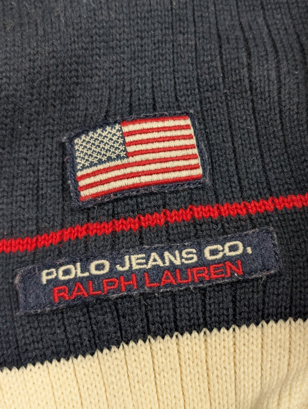 Pull Col Roulé Ralph Lauren Blanc Cassé & Marine - Drapeau USA - Taille M
