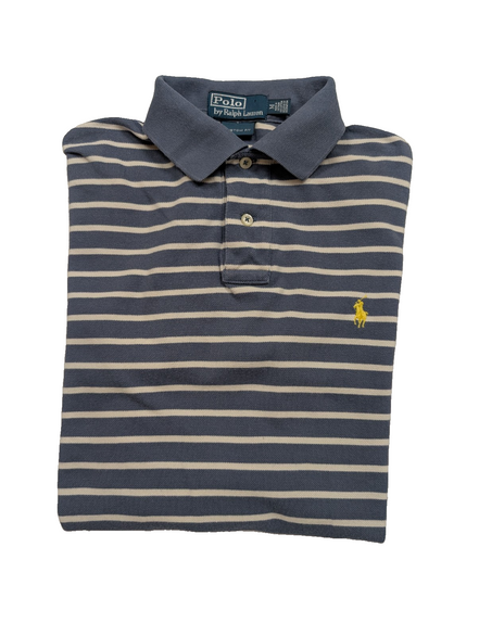 Polo manches courtes Polo Ralph Lauren M bleu rayures écrues logo jaune Custom 
