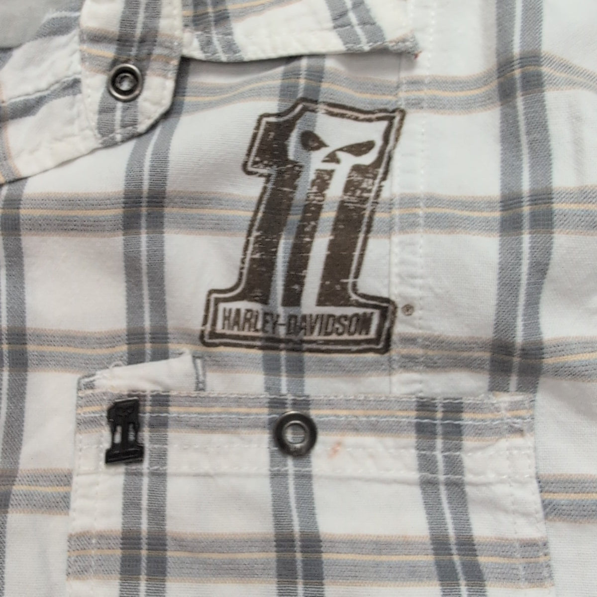 Chemise Harley Davidson L Carreaux Gris Blanc Tête de Mort manches courtes