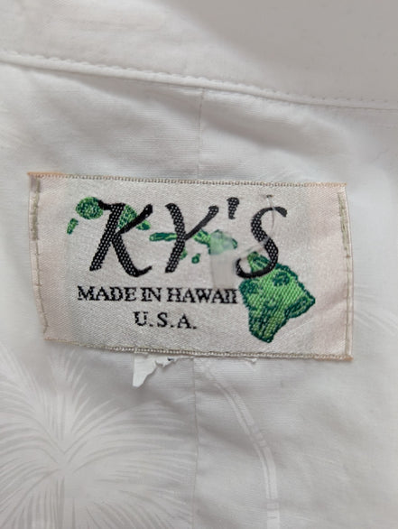 Chemise hawaïenne Ky's blanche palmiers Made in Hawaii USA taille XL #706 hawaii