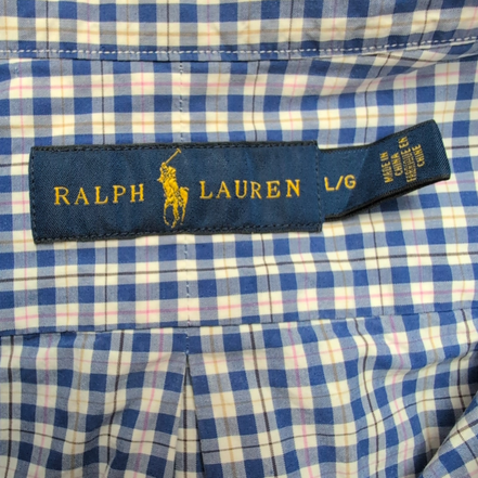 Chemise Ralph Lauren L Bleu Carreaux Logo Rose Coton Manches Longues