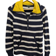 Pull Lauren Ralph Lauren femme S col zippé rayures marine écru jaune coton