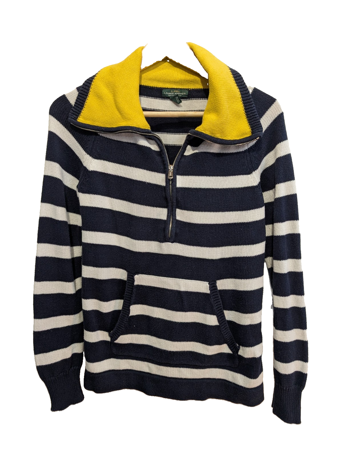 Pull Lauren Ralph Lauren femme S col zippé rayures marine écru jaune coton