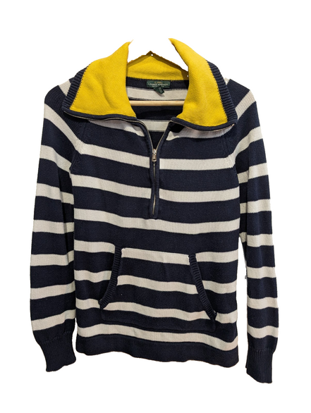 Pull Lauren Ralph Lauren femme S col zippé rayures marine écru jaune coton