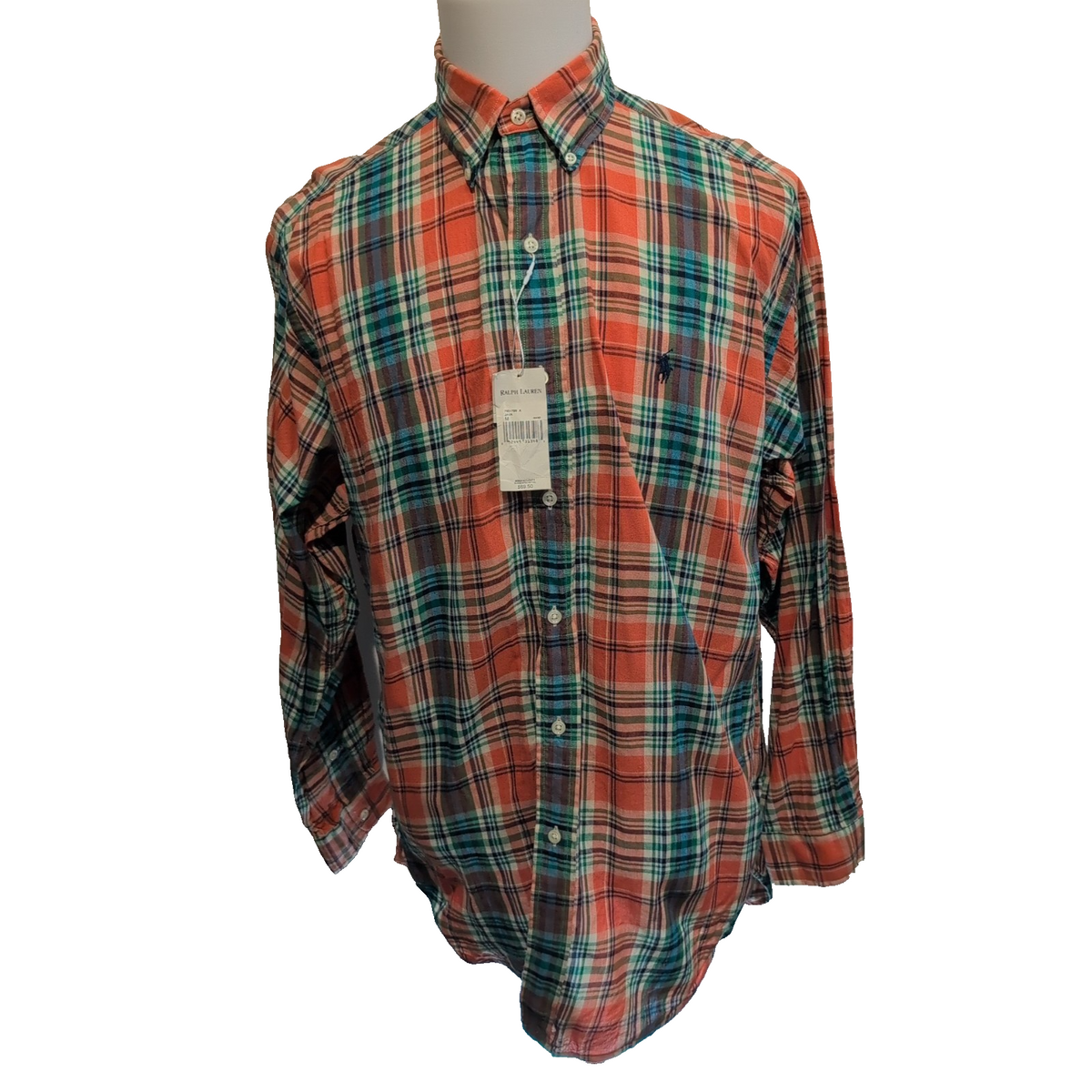 Chemise Ralph Lauren M Carreaux Orange Vert Coton Button Down Neuve Étiquette