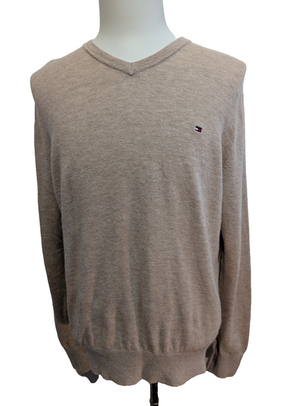 Pull Col V Tommy Hilfiger Marron Clair 100% Laine d'Agneau - Taille L / XL