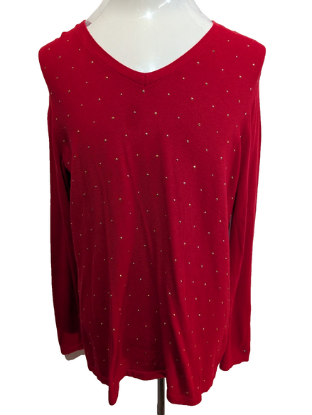 Pull Tommy Hilfiger Femme Rouge Col V Strass Dorés 100% Coton Taille L
