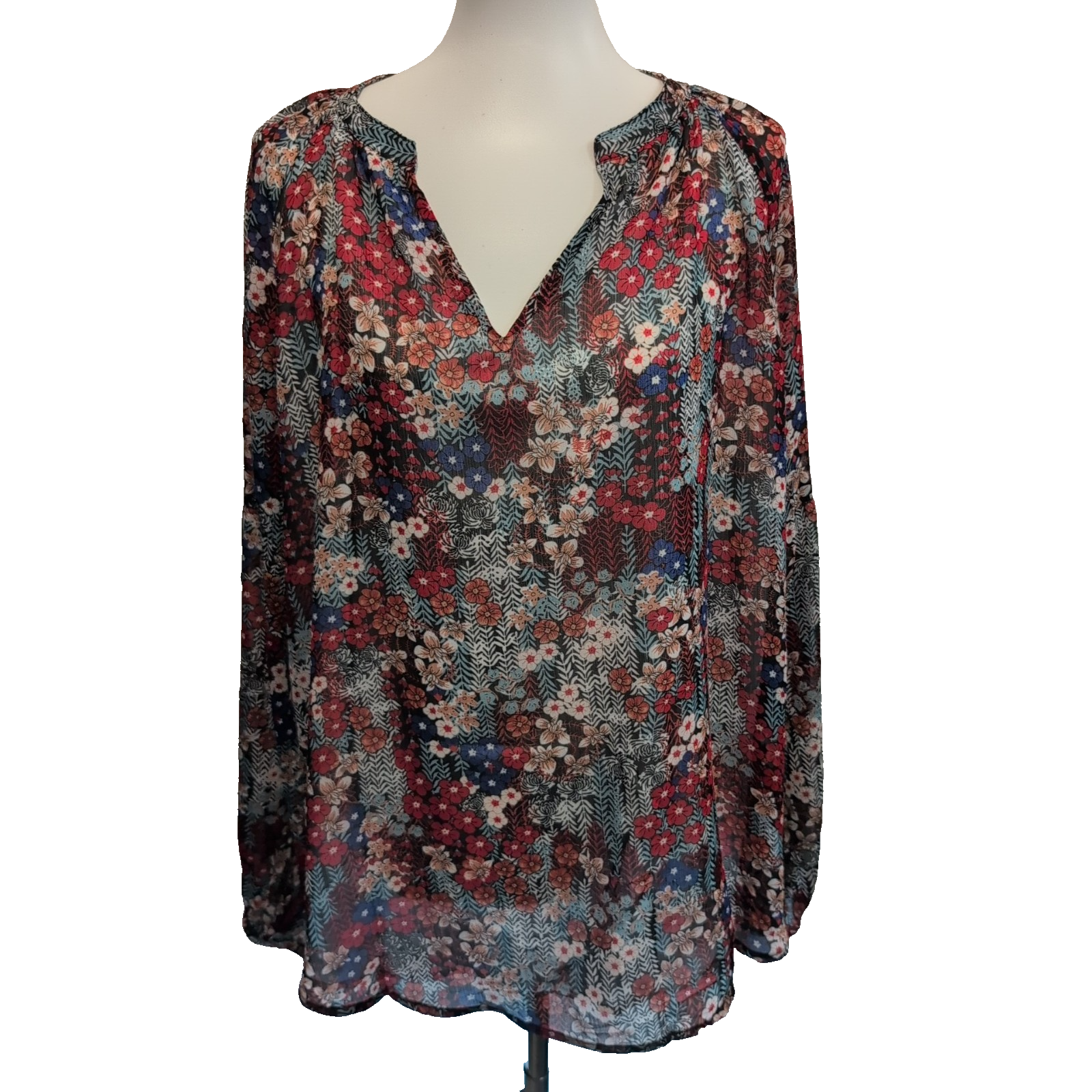Haut Femme Gentle Fawn 2XL Fleuri Doublé Manches Longues Rouge Neuf Étiquette